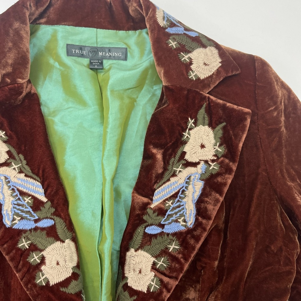 TM True Meaning NWT Blazer Anthropologie Embroidered Velvet‎ Jacket Brown Sz 2 - Picture 3 of 16